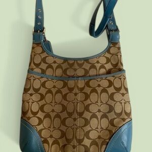 Coach Brown Signature Canvas Crossbody with Teal Trim